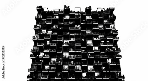 Striking geometric facade of a modern building with many balconies against a bright sky
