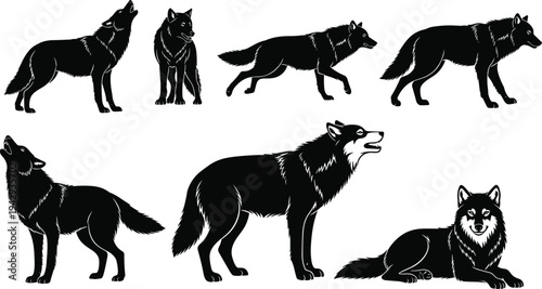 Wolf silhouettes collection, vector illustration of eight wolves, howling, standing, walking, running, lying poses, wild animal figures, predator design, nature concept