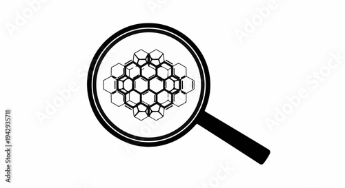 Magnifying glass reveals intricate honeycomb structure, symbolizing analysis and discovery.