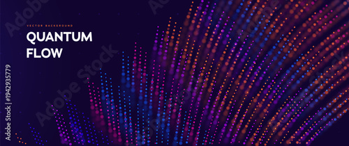Data Stream Background With Glowing Neon Particles And Flowing Digital Lines On Dark. Big Data Signals. Vector Illustration