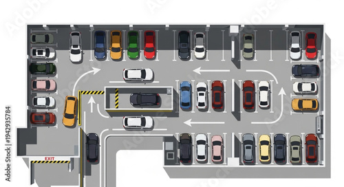 Aerial view of a busy parking lot with many cars.
