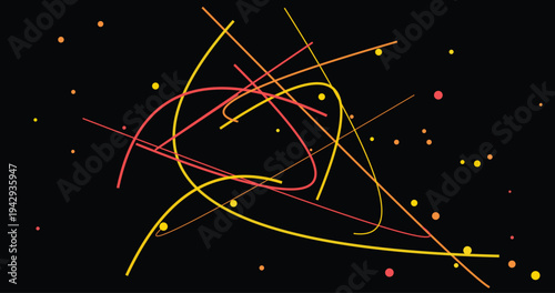 Abstract composition of colorful lines and dots on black background, playful chaotic arrangement