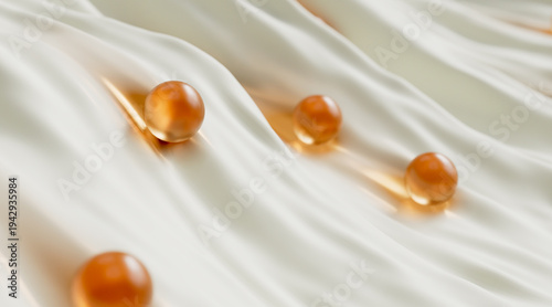 3d Render of Serum bubbles drop rolling on a milky shampoo surface