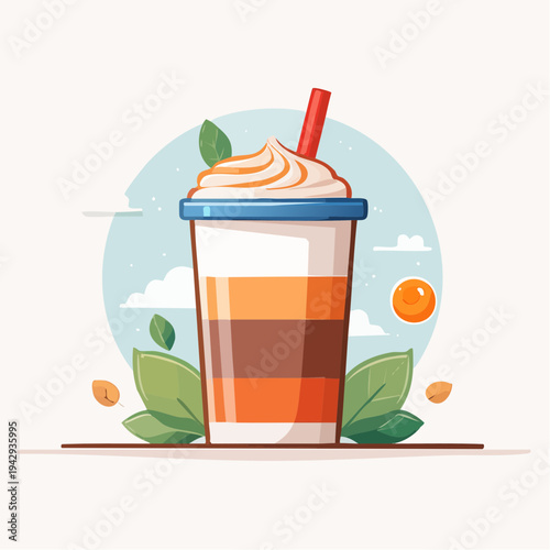 A refreshing cold drink with whipped cream and a straw, perfect for a hot day