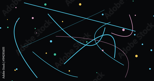 Playful abstract composition of colorful lines and dots on black background, dynamic and fun art for modern design