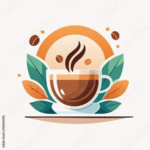 Delicious hot coffee steaming in a cup with leaves and coffee beans illustration