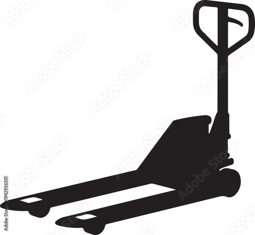 A black silhouette of a pallet jack on a white background