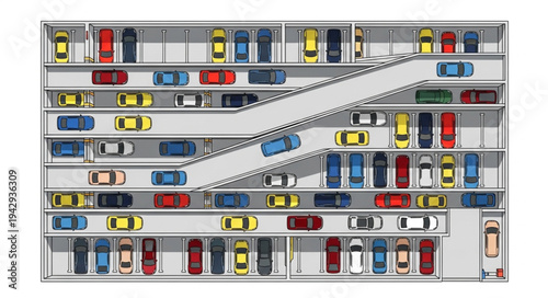 Aerial view of a multi-level parking garage filled with cars.