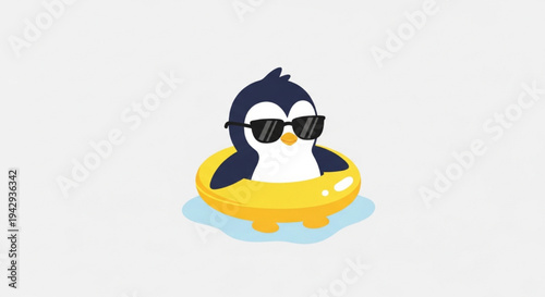 Cool cartoon penguin wearing sunglasses relaxing in yellow inflatable ring floating water vector illustration