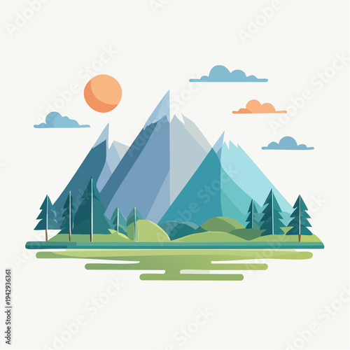 Minimalist layered mountain landscape concept with tranquil forest and a bright sun under a cloudy sky