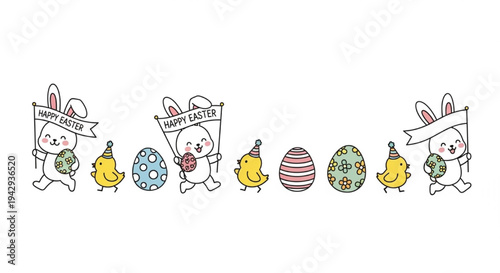Cute Easter parade with bunny chick egg holding happy easter banner cartoon vector illustration