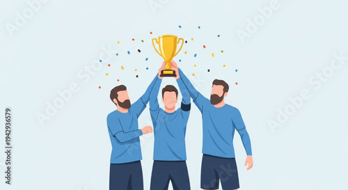Joyful soccer team holding golden trophy high with colorful confetti vector illustration