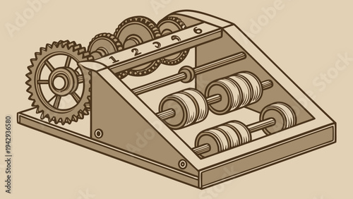 A vector graphic illustration of an abacus with gears and cogs in a sepia tone, showcasing a unique blend of traditional and mechanical elements.