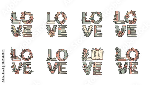 Floral book lettering love word concept flat vector illustration