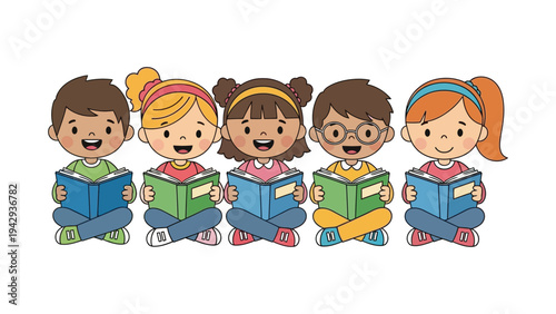 Cute little children reading books together education flat vector concept