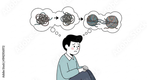 Stressed person with tangled messy thoughts in thought bubbles vector illustration