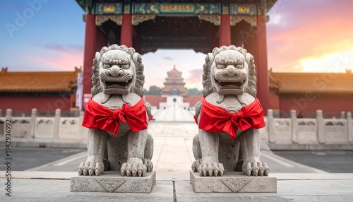 Guardian Lions at the Forbidden City, Beijing with Red Ribbons.