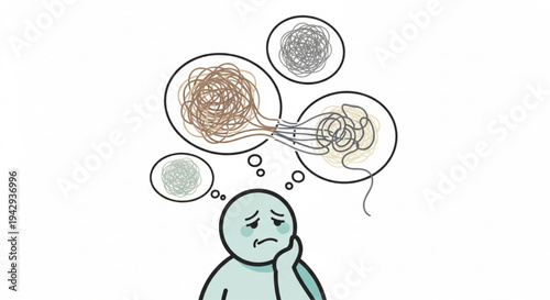 Worried cartoon person with chaotic tangled thoughts connected in bubbles vector illustration