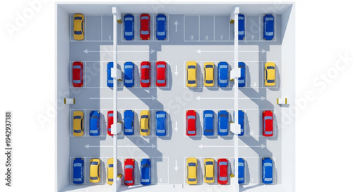 Aerial View of a Crowded Parking Lot with Colorful Cars.