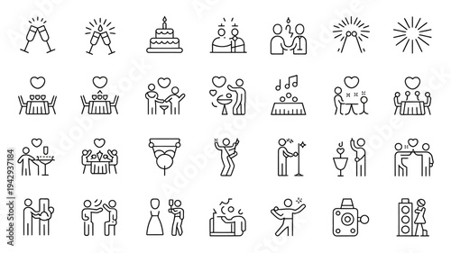 This image displays a collection of thin line icons representing various celebratory events including weddings parties and romantic dinners high quality professional detailed modern elegant stylish