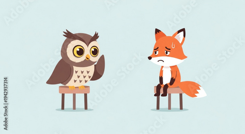 Cute owl and fox sitting on wooden chairs looking at each other cartoon vector illustration