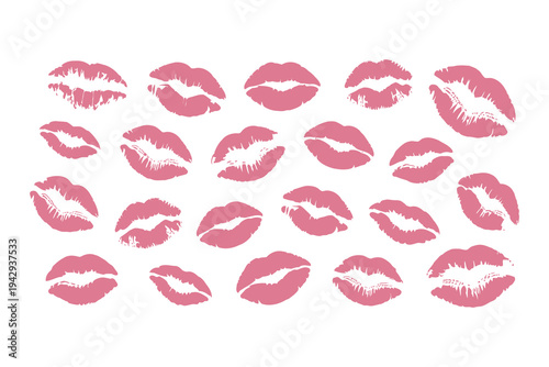 A collection of pink lipstick kisses scattered across . vector illustration

