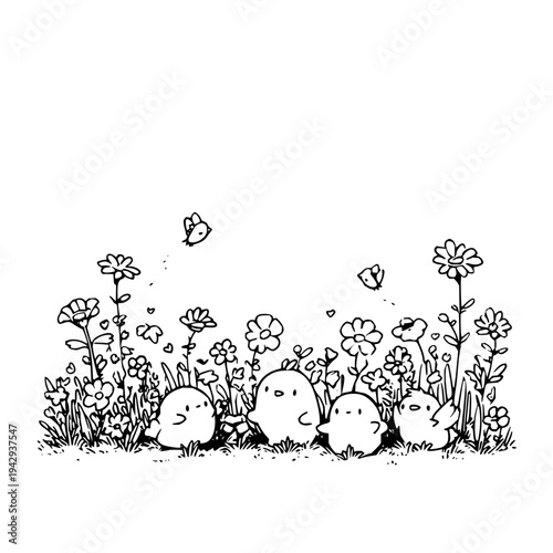 Four cute cartoon characters hiding in a field of flowers and grass with butterflies flying around them in a serene natural setting
