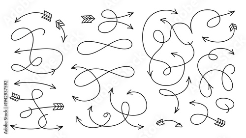 A collection of hand drawn black and white arrows and swirling lines create a dynamic illustrative pattern on a white background high quality professional detailed modern