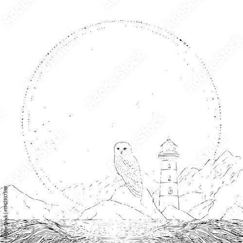 Owl perched on a mountain peak beside a lighthouse under a starry night sky with a large moon
