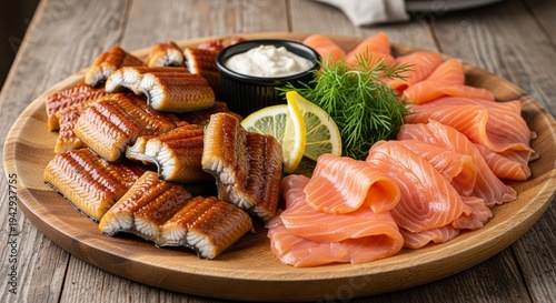 A wooden platter featuring a variety of smoked fish, including sliced eel and fresh salmon roses, garnished with lemon and dill.