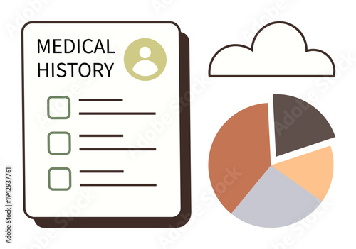 Digital health records, data management, cloud storage, patient history, analytics, medical documentation. Medical file with checklist, pie chart and cloud infographic. Digital health and data