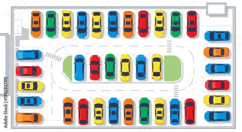 Aerial View of a Crowded Parking Lot with Many Cars.