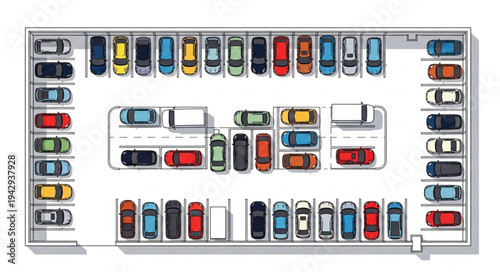 Aerial view of a busy parking lot filled with cars.