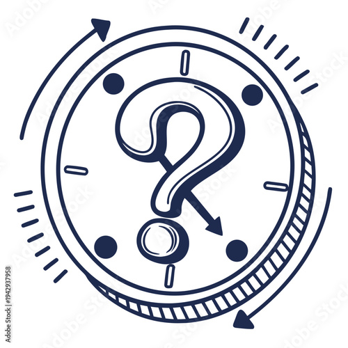 Monochromatic linear question mark inside clock icon with arrows, unknown timing or recurring query, ask about time loop concept