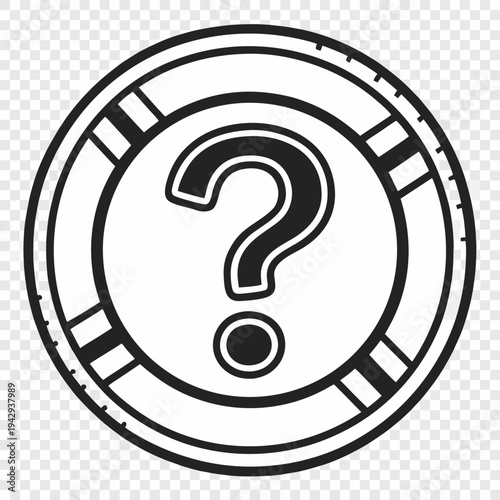 Black and white poker chip or coin with question mark, gambling uncertainty, unknown outcome in gaming, mystery bet concept
