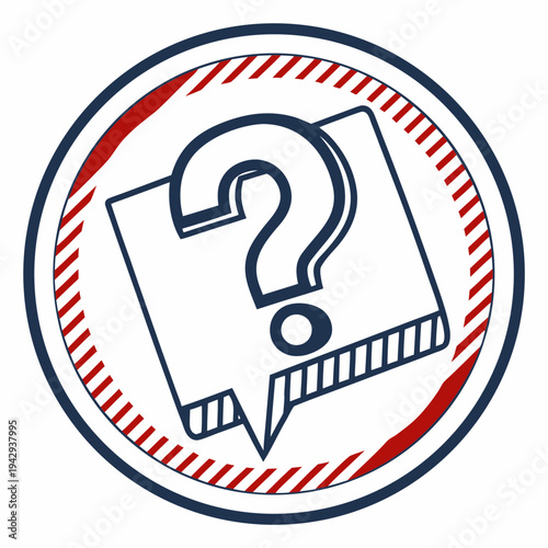 Question mark inside speech bubble emblem with red and blue striped border represents inquiry confusion uncertainty help support and finding answers