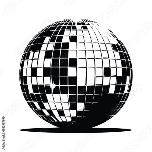 Disco Ball Silhouette with Geometric Pattern in Black and White
