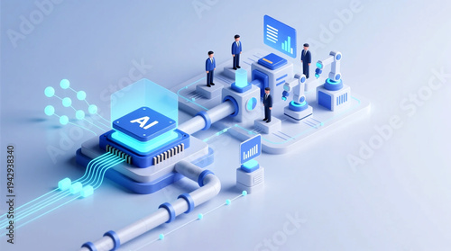 Isometric visualization of AI Digital Workforce pipeline Illustrates intelligent enterprise automation and data processing within future business technology system