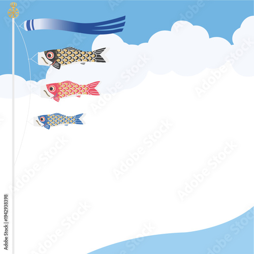 鯉のぼりフレーム（3匹）端午の節句・こどもの日の正方形ベクター枠素材 背景透過