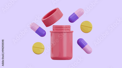 A vibrant colorful 3d rendering shows assorted pharmaceutical pills and a red medicine bottle floating in space high quality professional detailed modern elegant stylish clean crisp