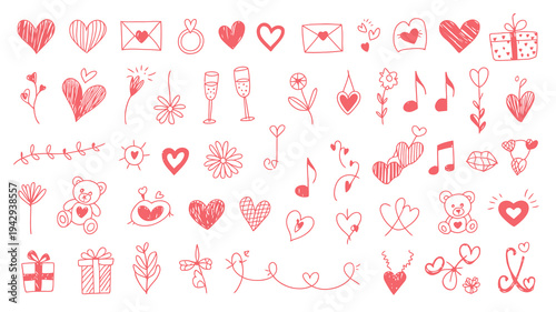 A collection of hand drawn red love and romance themed doodles including hearts gifts flowers and musical notes high quality professional detailed modern elegant stylish clean