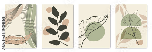Abstract botanical wall art vector set with black leaf line art and terracotta beige geometric shapes. Modern minimalist boho design for poster, print, home decor and gallery wall.