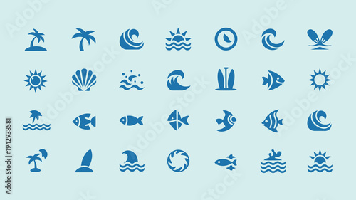 A collection of stylized monochromatic blue icons depicts various elements associated with the ocean including marine life and landscapes high quality professional detailed modern elegant stylish