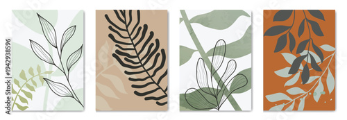 Abstract botanical wall art vector set with black leaf line art and terracotta beige geometric shapes. Modern minimalist boho design for poster, print, home decor and gallery wall.