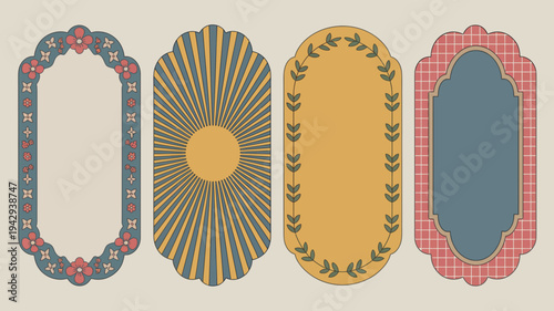 Four decorative frames are displayed against a pale beige background each with unique patterns and color schemes high quality professional detailed modern elegant stylish clean crisp