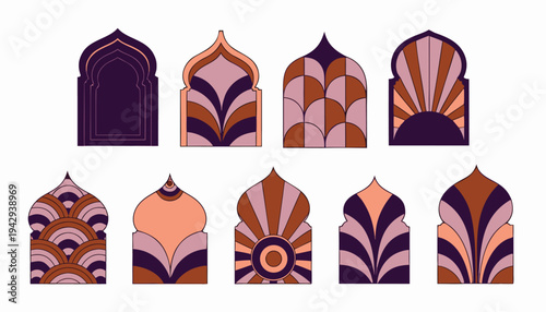 A collection of vibrant, geometric, and culturally inspired arched window illustrations. The shapes celebrate unique patterns, with a nod to the spirit of architectural design.