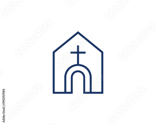 Christian Church Building Logo with Cross and Archway Simple Line Art Isolated on White