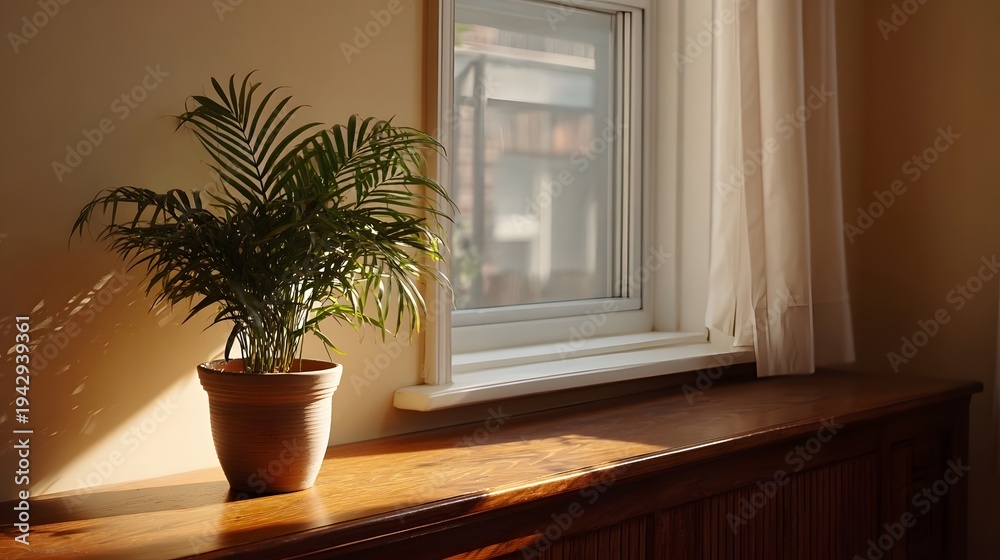 Fototapeta premium Sunlight streams through a window illuminating a potted plant on a wooden surface creating a peaceful indoor atmosphere