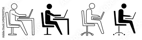 Office Work Icon – Man Working on Laptop at Desk, Remote Work Business Vector
