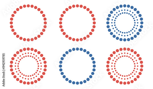 Six distinct patterns of dots forming concentric circles in red and blue colors. vector illustration
